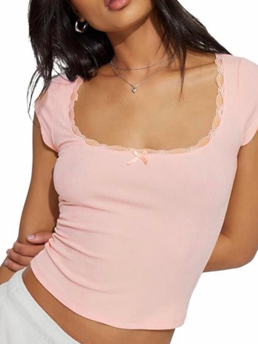 Garage Light Pink Ribbed Lace-Trim Crop Top